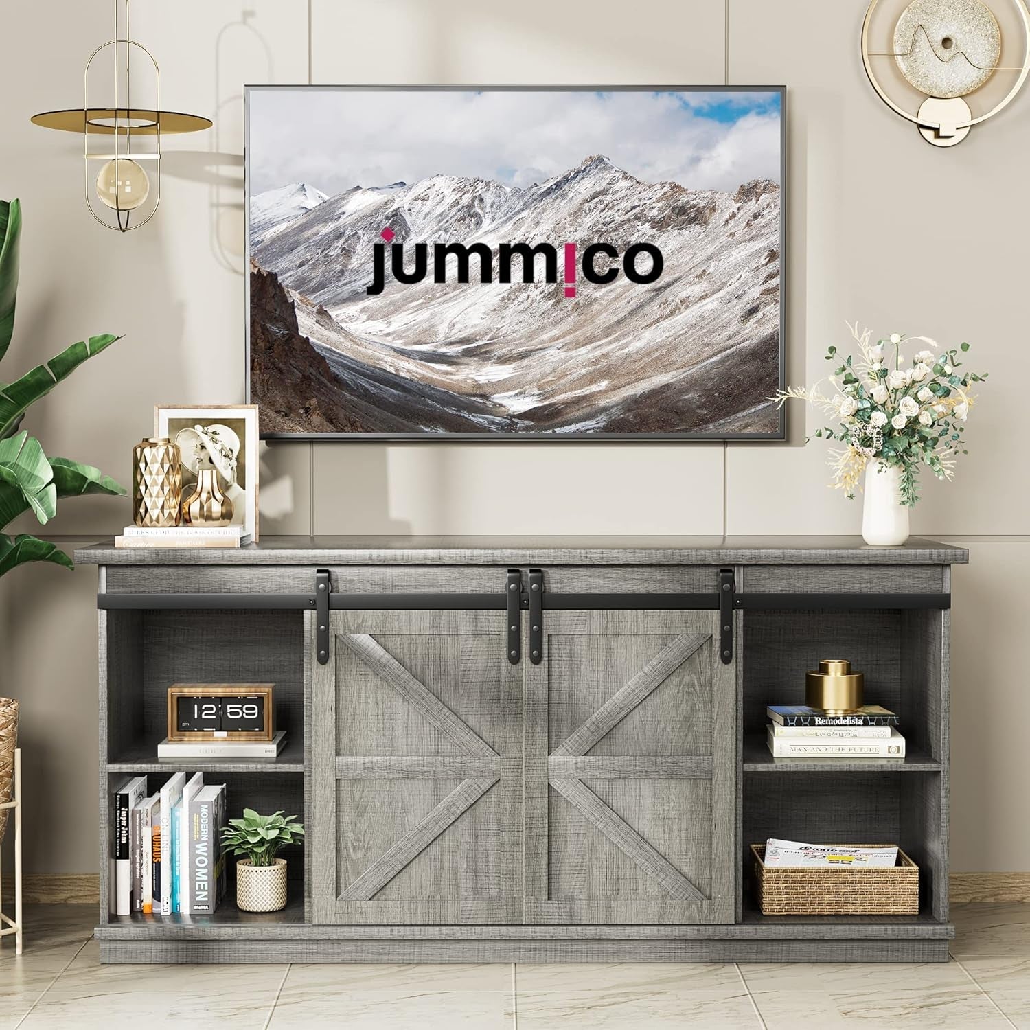 TV Stand for 65 Inch TV, Entertainment Center with Storage Cabinets and Sliding Barn Doors, Mid Century Modern Media TV Console Table for Living Room Bedroom (Pale Gray)-1